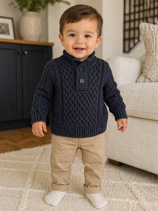 Cat & Jack Other - NWT Cat & Jack Baby Boy Navy Blue Cable Knit Sweater 12 Months Button Neck Cozy